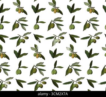 Seamless pattern with olives Branch. Berry and leaves on branch. Vector graphic line ink colored illustration. for natural organic cosmetics, soap, oi Stock Vector