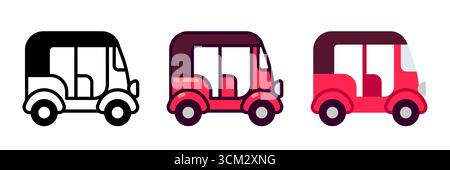 Traditional Asian auto rickshaw (tuktuk) symbol set. Black and white line icon, color and flat cartoon drawing. Simple vector clip art illustration. Stock Vector