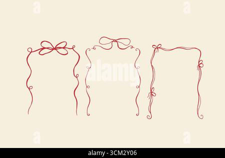 Whimsical red ribbon frames with bows. Hand Drawn borders for wedding invitation, holiday greetings, birthday card, valentine day Stock Vector