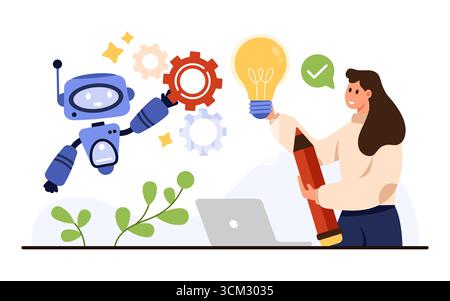 Robot and person working together with gears, lightbulb, and pencil symbolizing teamwork, technology, and creative problem solving in modern digital workspace isolated on white background vector illustration Stock Vector