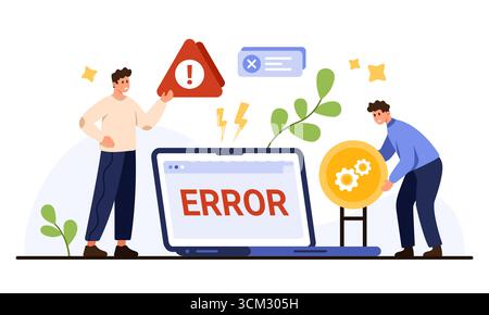 Laptop screen displays error message with two people, warning sign, gears, and alert icons, perfect for troubleshooting, IT support, or system failure concepts isolated on white background vector illustration Stock Vector