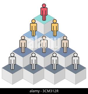 Isometric pyramid hierarchy with colorful human icons representing leadership, teamwork, and organizational structure. Vector illustration of a corporate hierarchy pyramid in multiple colors showing team members and leader positions. Stock Vector