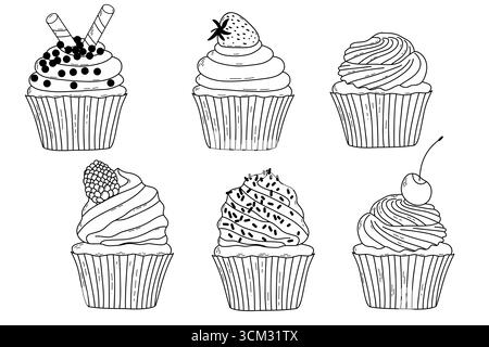 Detailed Line Art of Cupcakes With Assorted Toppings in Black and White Outline Stock Vector