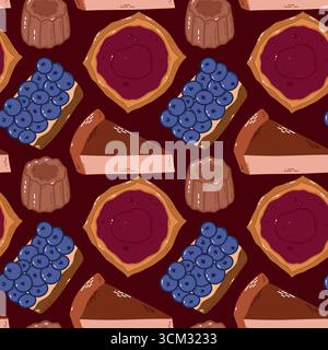 Seamless Pattern of Assorted Colorful Pastries on a Maroon Background Stock Vector
