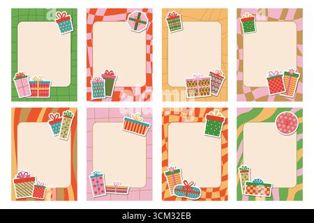 Groovy style Christmas cards set with cartoon flat frames, stickers of gift boxes, notebook sheets. Fun colorful hand drawn clipart for festive holida Stock Vector