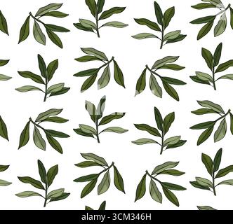 Organic Leaf Pattern. Olive branch leaves seamless pattern. Vector graphic line ink colored illustration. Flourish Nature Summer Garden. Tropical Gree Stock Vector