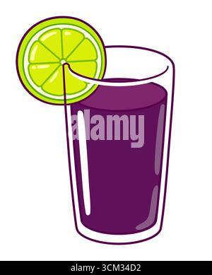 Chicha morada glass with slice of lime. Traditional purple corn based drink from Peru. Cartoon vector clip art illustration, cute doodle drawing. Stock Vector