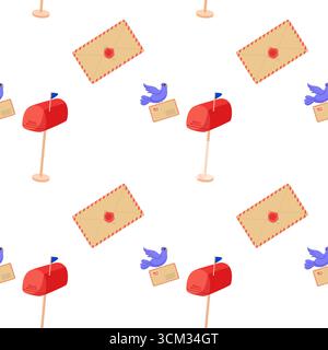 Colorful pattern featuring mailboxes, envelopes, and a bird with letters on a white background Stock Vector