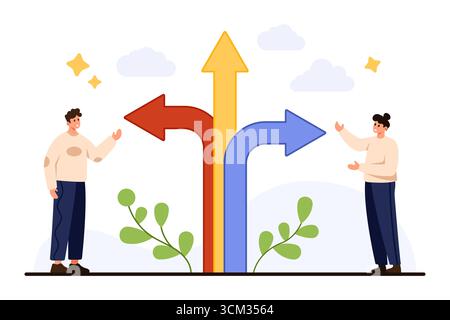 Two people stand beside three large arrows pointing in different directions symbolizing decision making, options, and choice concept isolated on white background vector illustration Stock Vector