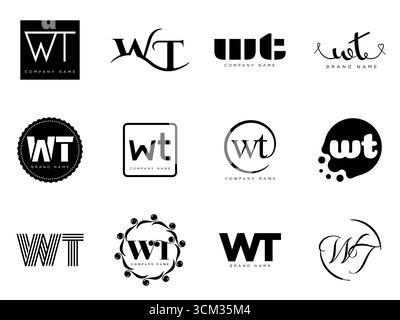 WT logo company template. Letter w and t logotype. Set different classic serif lettering and modern bold text with design elements. Initial font typog Stock Vector