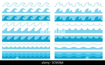 Cartoon flat style set of seamless borders with sea waves and water in thin line and flat styles. Cute clipart for ocean and beach, summer, nautical a Stock Vector