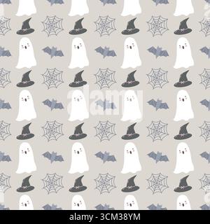 Halloween ghost pattern. Seamless autumn pattern with hand drawn cute ghosts on gray background. Funny ghosts, bats, spider web and hat. Cute childish background. Pastel colors. Vector illustration. Stock Vector