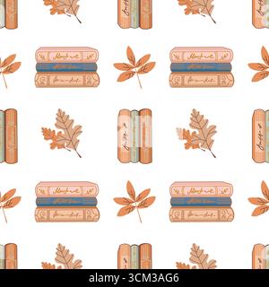 Vector seamless pattern with books and autumn leaves. Autumn pattern. Hand drawn cartoon cute cozy illustration of different books on white background. Background for design, fabric, packaging, scrapbooking. Vector illustration Stock Vector
