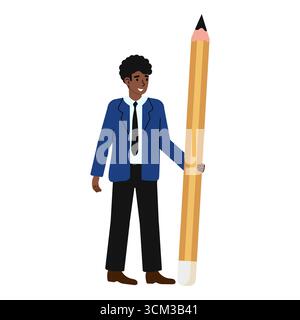 A young man dressed in a blue suit and tie stands confidently while holding a giant pencil. The setting suggests a fun and creative approach to learni Stock Vector