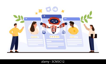 Robot and human workers shown in digital profiles highlight artificial intelligence versus human employee skills for workplace, recruitment, and technology debate isolated on white background vector illustration Stock Vector