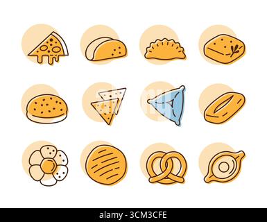 A collection of simple line icons featuring various baked goods, from bread and pretzels to pizza and regional pastries. Perfect for diverse food menu Stock Vector