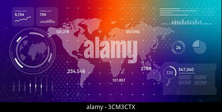 Futuristic digital dashboard displaying a world map surrounded by data analytics and infographics high-tech interface with glowing lines and numbers Stock Vector