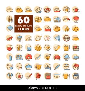 A set of 60 modern vector icons for bakery, cooking, and kitchen. Includes outline symbols for bread, pastry, tools, and ingredients. Perfect for bran Stock Vector