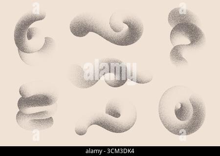 Stipple gradient shapes. 3D swirl lines with noise. Grainy geometric spirals with sand effect. Halftone trendy curved organic objects for modern Stock Vector