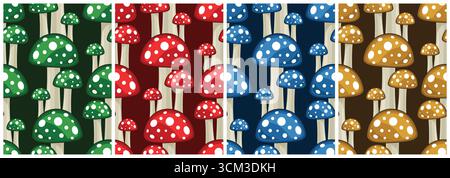 Set seamless color backgrounds with forest mushrooms. Stock Vector