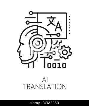 English language AI translation line icon or sign. Translation linear vector icon, foreign speech translate pictogram. English language vocabulary symbol with artificial intelligence bot or robot head Stock Vector