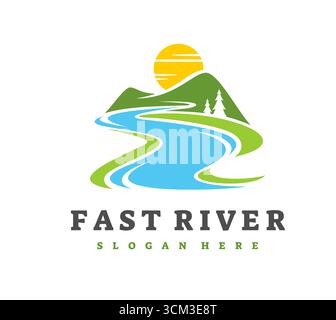 River icon of mountain valley landscape with sun and forest trees, vector symbol. Fast river icon of nature landscape with mountain river flow in hills and sunrise over fields for travel brand sign Stock Vector