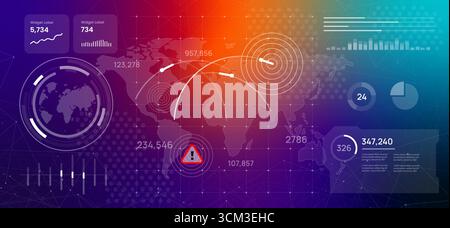 Nuclear war rocket launch dashboard displaying a world map with military-style missile trajectories and a central warning sign illustration global Stock Vector