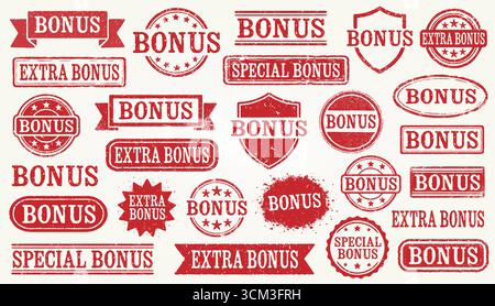 Bonus Retro Grunge Stamp Set Includes Various Vintage Style Red Stamps. Perfect For Advertising, Promotions, Discounts, And Marketing Materials With A Stock Vector