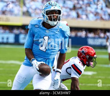 North Carolina wide receiver Jordan Shipp (1) celebrates his touchdown ...