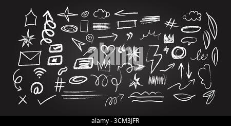 Chalkboard with hand drawn shapes and symbols for education and design elements on a dark background Stock Vector