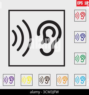 Black Listen icon. Vector illustration style is a flat icon listen symbol with black, green, blue, green, yellow,  color variants. Designed for web Stock Vector