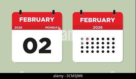 February 2 2026 Monday Calendar Page Vector Illustration. 2 February calendar page. Day calendar with date February 2. Flat Design Monthly Planner Stock Vector