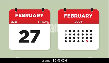 February 27 2026 Friday Calendar Page Vector Illustration. Day calendar with date February 27. Week Starts on Sunday. Modern flat design Calendar icon Stock Vector