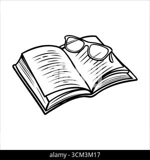 An open book with pages slightly curled. A pair of glasses rests on top of the book. The scene conveys a sense of reading and knowledge. Stock Vector