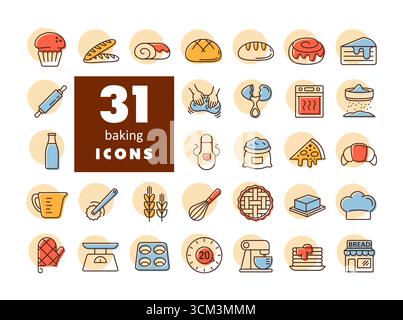 A comprehensive collection of 31 vector line icons for all things baking. It includes baked goods, ingredients, and various kitchen tools. Stock Vector