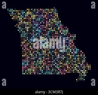 Missouri, shape of the state built of colored cells. Digital style map of Missouri on dark background. Small size circle blocks. Stock Vector