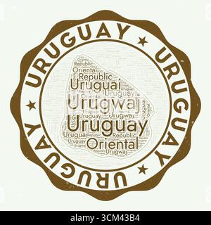 Uruguay logo. Amazing country badge with word cloud in the shape of Uruguay. Round emblem with country name. Classy vector illustration. Stock Vector