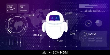 Chatbot high-tech dashboard displaying world map friendly robot assistant icon illustration symbolizes concepts AI agent technology integration and Stock Vector