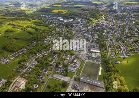 Aerial view, railway station, sports ground on the main road, view of Sundern, Sauerland, North Rhine-Westphalia, Germany, DE, Deutsche Bahn AG, Europ Stock Photo