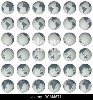 Collection of earth globes. Normal sphere view. Rotation step 10 degrees. Solid color style. Stock Vector