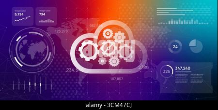 Futuristic digital dashboard displaying a world map with a central cloud and gear icon illustration global cloud computing data processing and Stock Vector