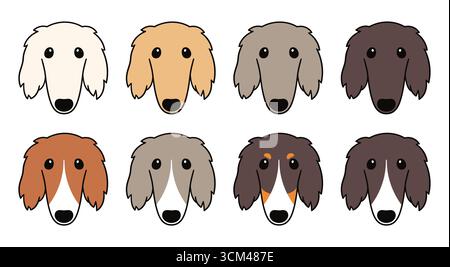 Cute cartoon Borzoi colors and patterns set. Dog breed face markings. Vector clip art illustration. Stock Vector