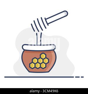 A simple line art icon of a honey pot with a dipper. This illustration is perfect for food, organic, and kitchen-themed designs, symbolizing natural s Stock Vector