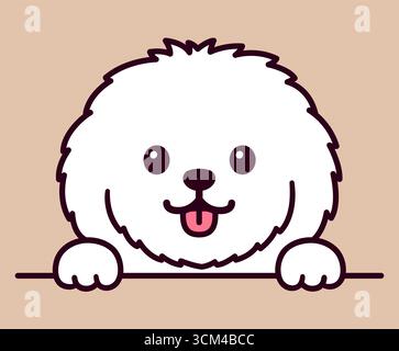Cute cartoon Maltese, Bichon Frise, small fluffy white dog peeking head and paws. Funny vector clip art illustration. Stock Vector