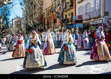 Fallas, always on March 19, on San Jose, with procession and floral offering to Maria, here in Denia, and in Valencia, Valencia Province, Spain Stock Photo