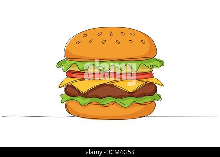 One continuous line illustration of a hamburger, isolated on white background. Line art of hamburger Editable stroke. Stock Vector
