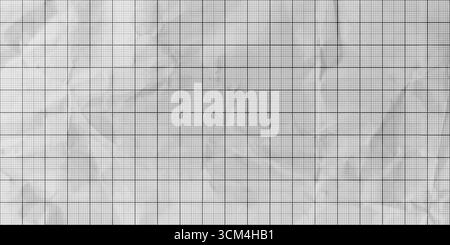 Crumpled graph paper sheet. Wrinkled blueprint grid background. Folded graph paper background featuring grid lines. Stock Vector