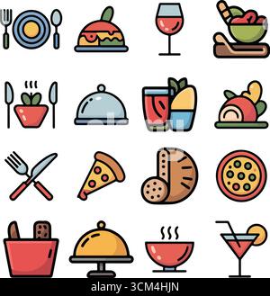 Delicious dining icons set in flat-style illustrations with colorful foods and drinks Stock Vector