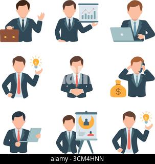Flat businessman icons set with corporate strategy, presentation, and finance Stock Vector