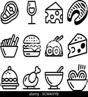 Minimal gourmet food icons set in hand-drawn illustrations with burgers, sushi, steak, cheese, wine, etc. Stock Vector